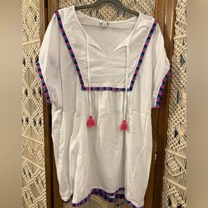 J. Crew White Tunic Gauze Beach Cover Up with Pink and Blue Fringe Trim